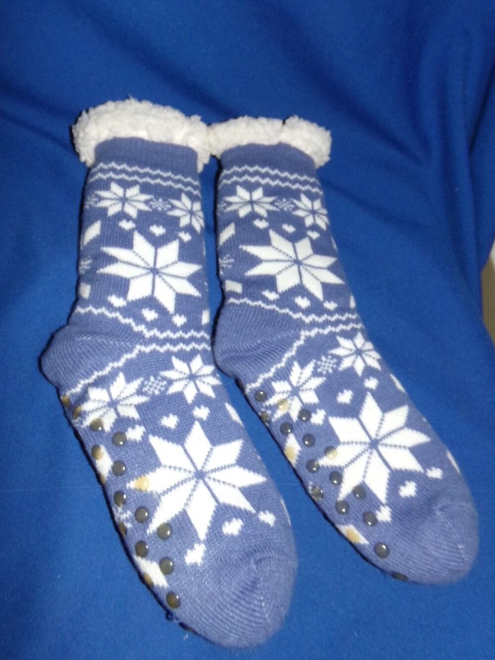 New & Vintage Blue & White Snowflake Star Thick Sherpa Socks - Small